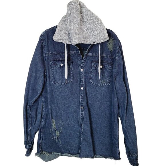 91 Cotton On Men's XXL Hooded Denim Jacket Distressed Shacket Dark Wash EUC - Picture 1 of 9